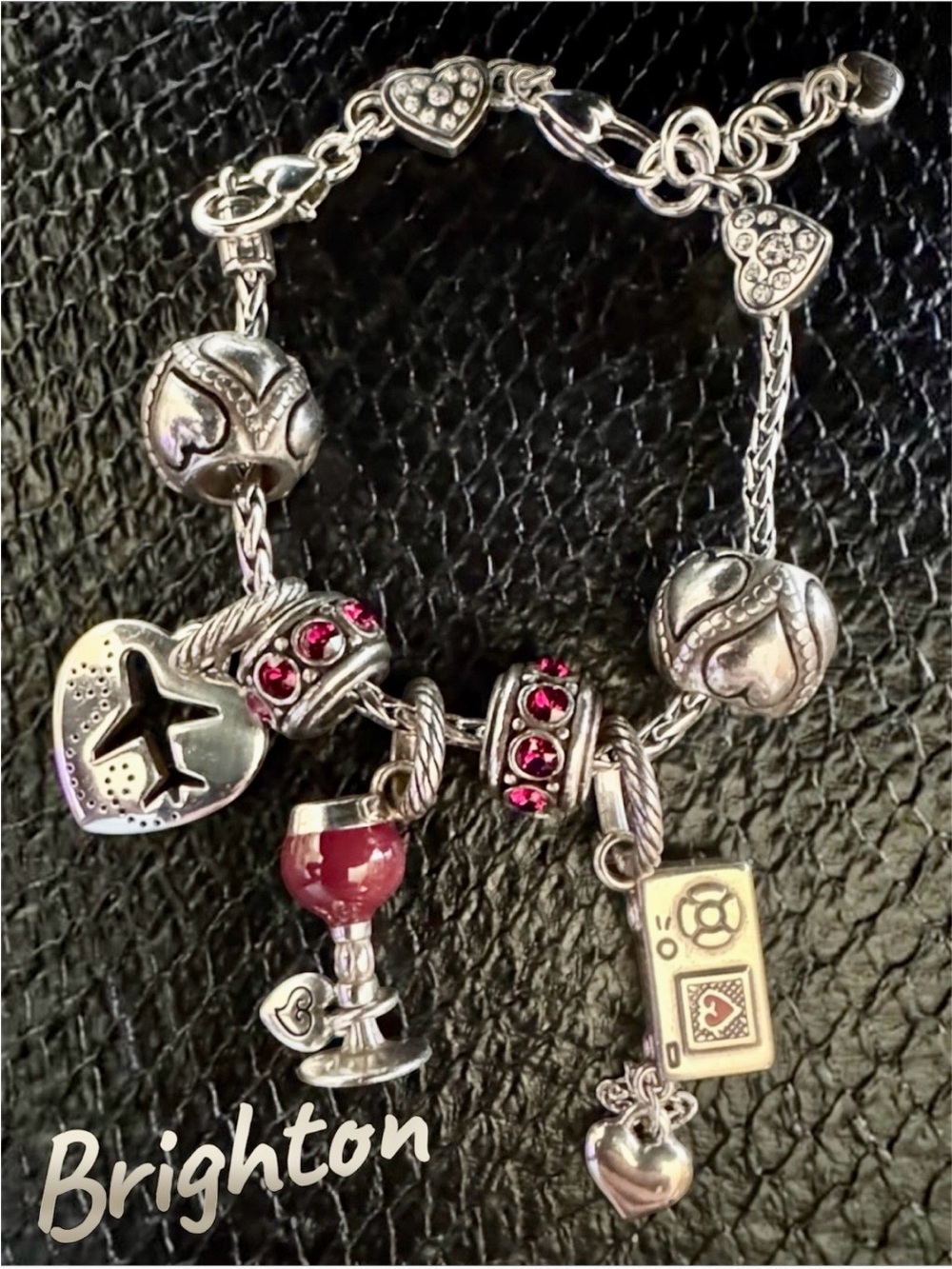 Brighton Bracelet-Burgundy Wine, Camera, Airplane Charm, Spacers & Glitz Beads